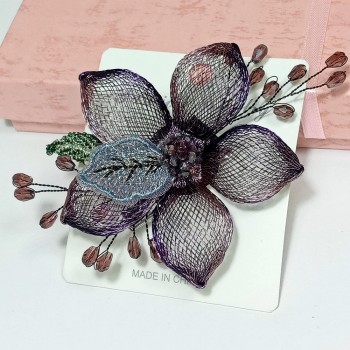  Брошь/зажим арт. 27101-2 (металл, органза, стекл. бусины), 7.5см