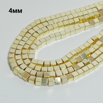 Бусины из гематита с золотистым покрытием "кубик", размер 4мм, 93шт. в нити