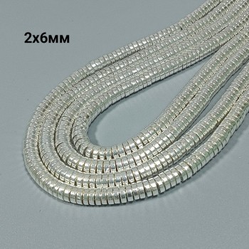 Бусины из гематита с серебристым покрытием "шайба", размер 2х6мм, 182шт. в нити