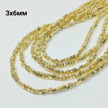 Бусины из гематита с золотистым покрытием, галтовка, размер 3х6мм, 117шт. в нити