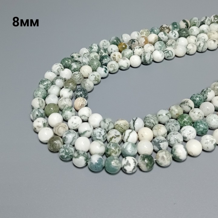  Бусины из мохового агата гладкие, диаметр 8мм, 48шт в нити. 