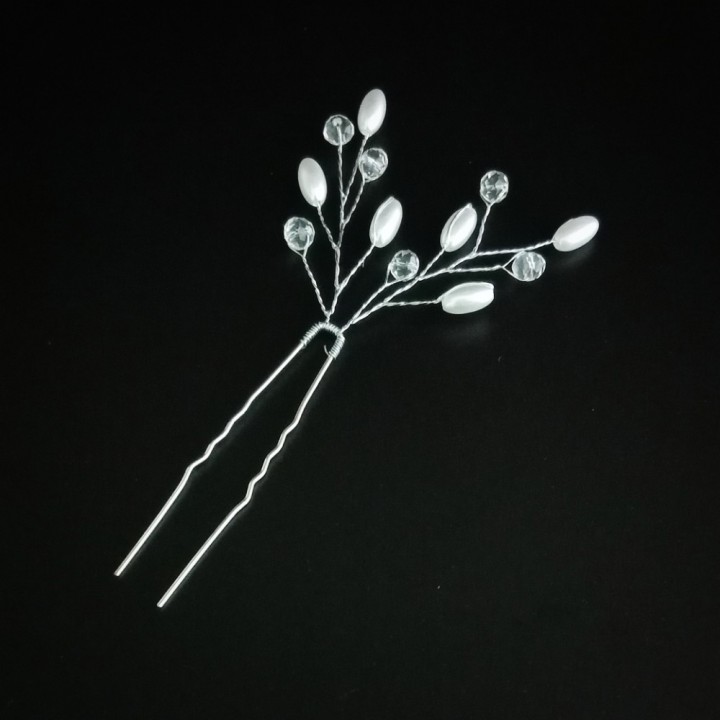  Шпилька-веточка с жемчугом и хрустальными бусинками, цвет - белый, арт. 2487